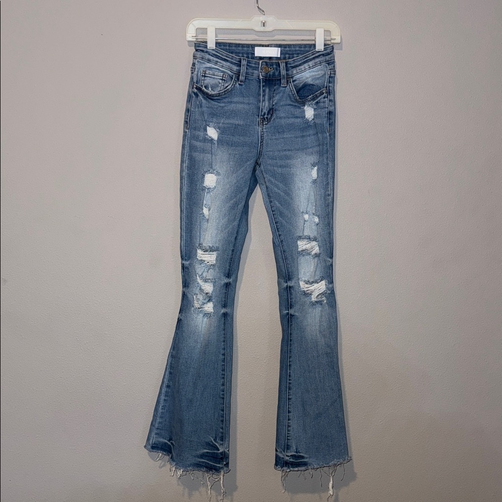 Vervet Denim Distressed Flare Jeans with Raw Hem